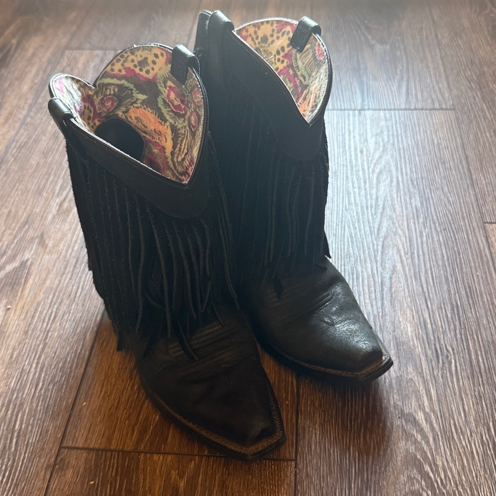 Ariat Black Fringe Western Ankle Boots with Printed Lining size 6B